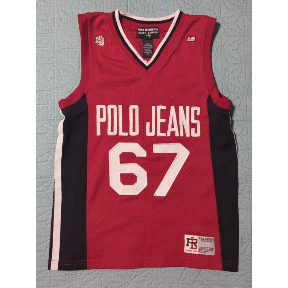 Vintage Polo Jeans Company Ralph Lauren Jersey Boy's Sz 7 Red Black Basketball